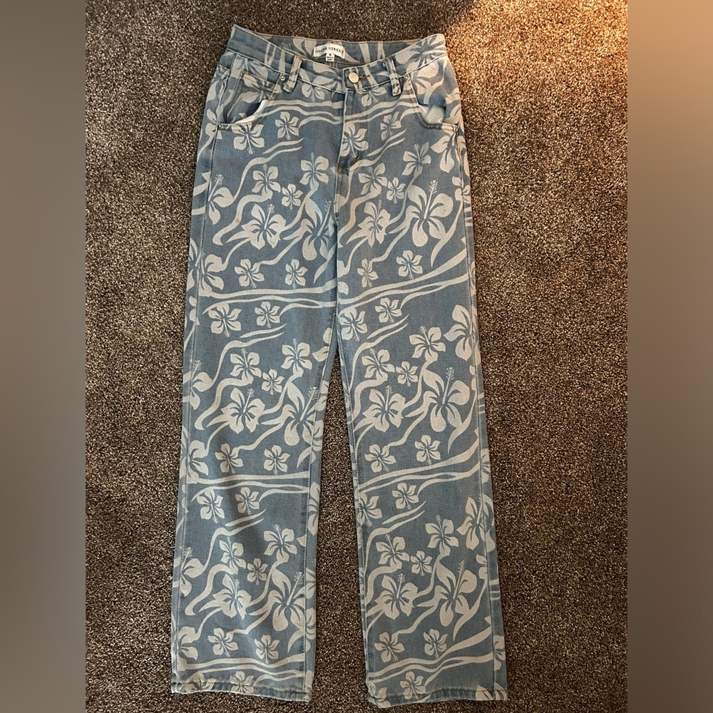 Blue and White Straight Leg Jeans with Floral Print